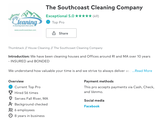 the southcoast cleaning company profile on thumbtack.com