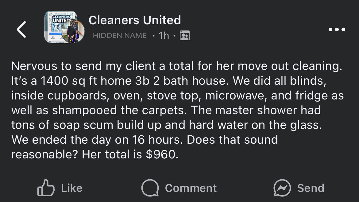 Facebook post asking whether a $960 move-out cleaning cost for a 1,400 sq ft home with deep cleaning, carpet shampooing, and heavy buildup is reasonable.